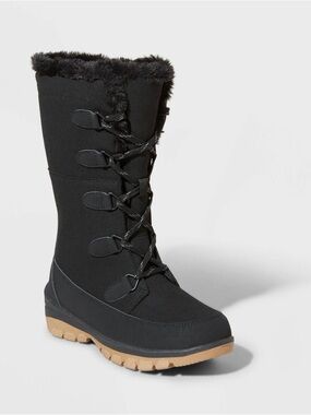 Universal Thread Black Faux-Fur Lace-Up Winter Boot with Tan Lug Sole